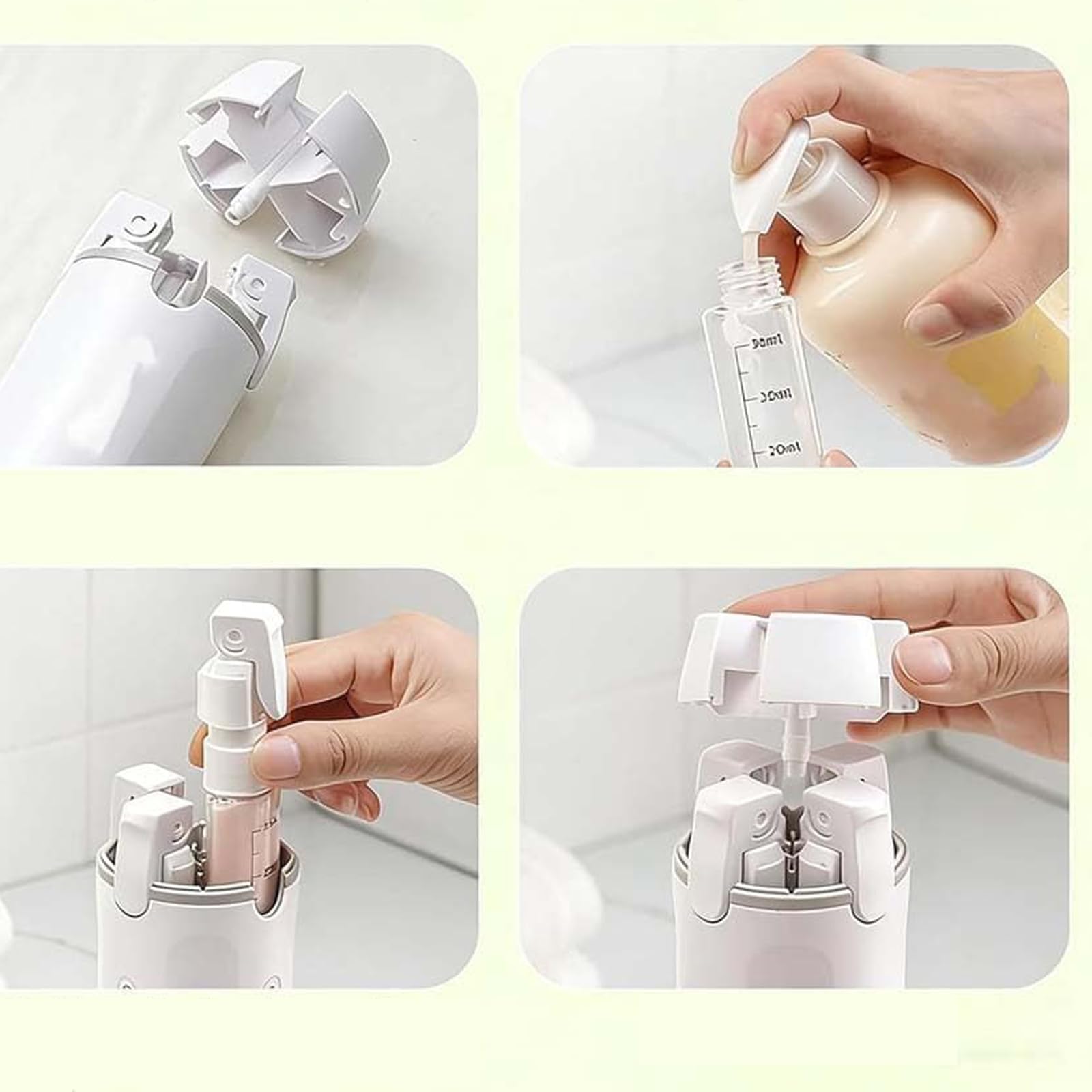 Dispenser da viaggio 4 in 1 per articoli da toeletta, contenitori da viaggio ricaricabili a prova di perdite, con scala ed etichette per shampoo, balsamo, lozione e crema (verde)