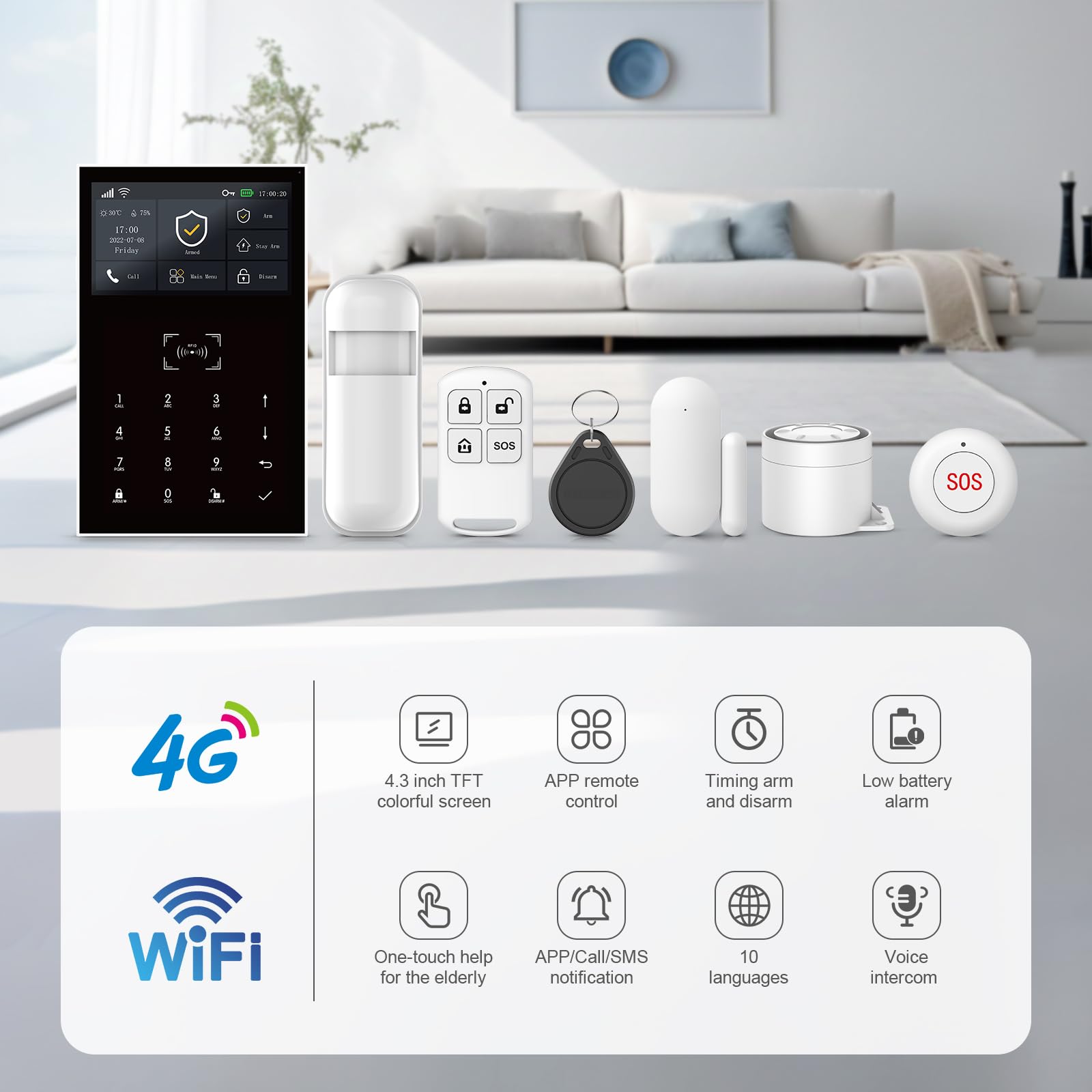 4G + WLAN Alarmanlage Haus, Smart Komplettsysteme mit APP, 120dB Sirene, 10 Stück: Tür- und Fenstersensoren, Bewegungsmeldern, Fernbedienung, Funktioniert mit Alexa