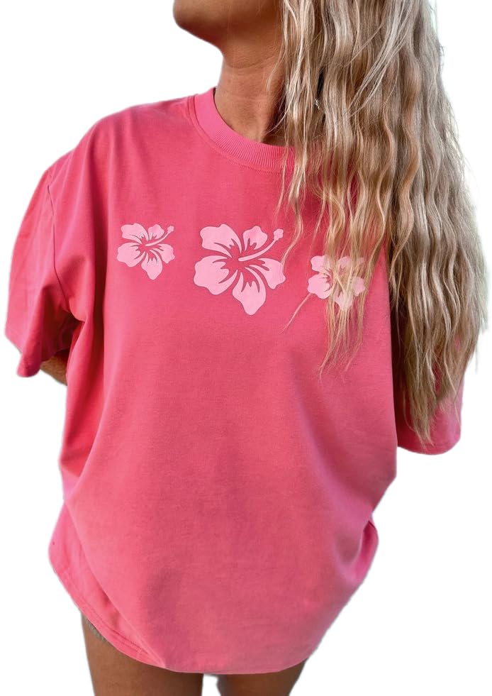 Image of Vintage Oversized Flower Graphic Tees Cute Surfboard Palm Baggy T-Shirts Summer Preppy Beach Tops Teen Girls Clothes