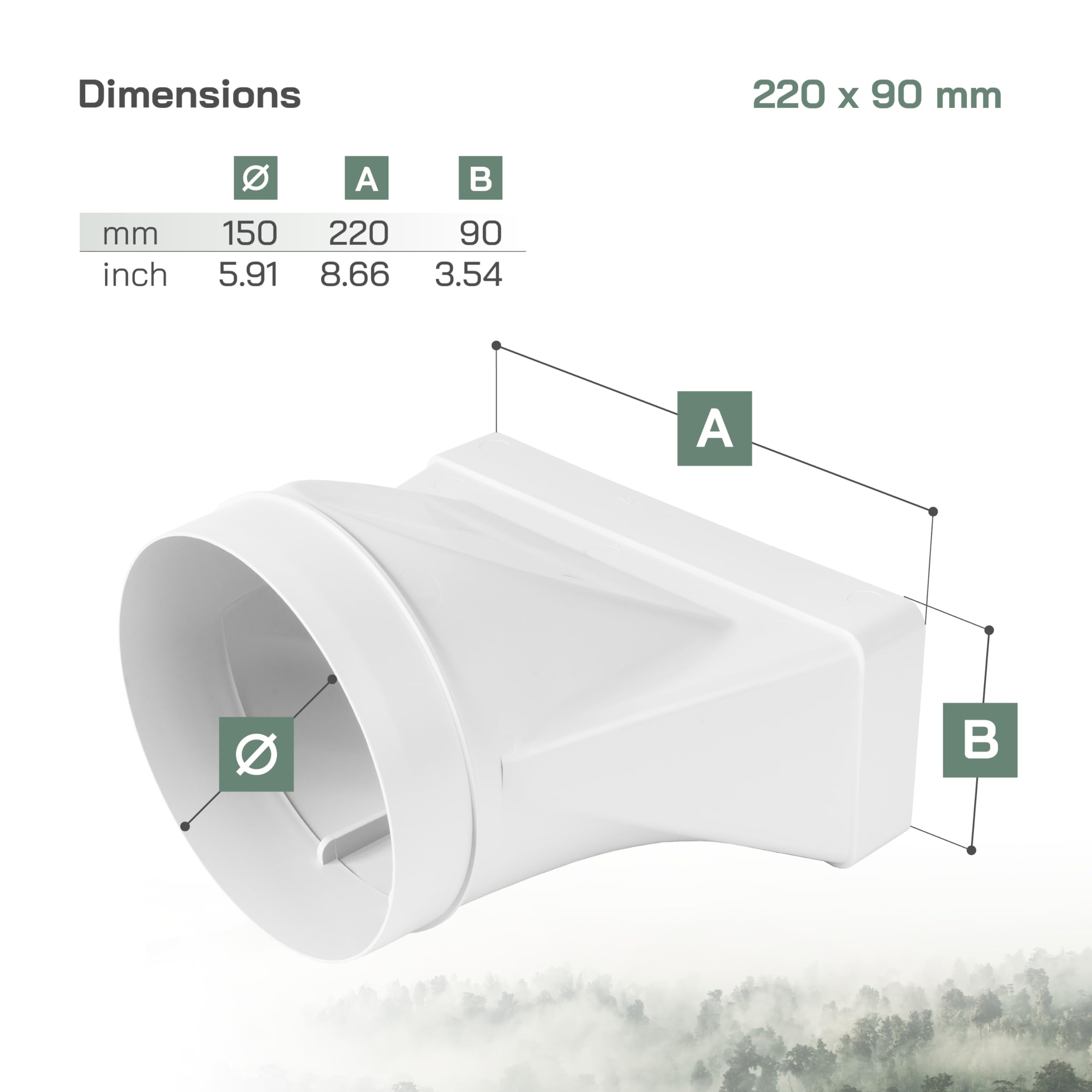 Vent Systems 220 x 90 mm to diameter 150 mm White Rectangular to Round Adapter, Duct Transition Adapter - Image 2
