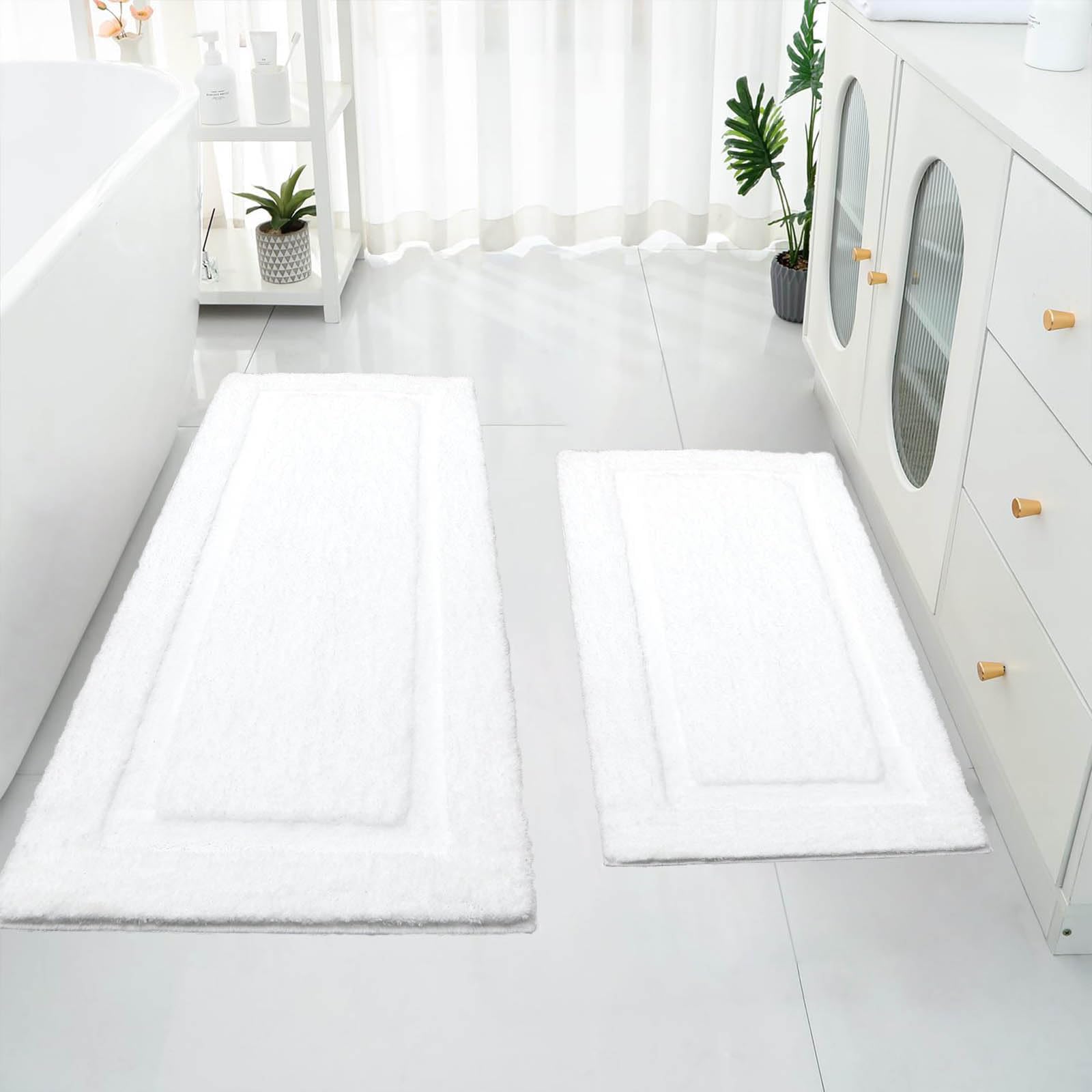 SHACOS White Bathroom Rugs Sets 2 Piece 32x20 + 47x20 inch, Non Slip Bath Mat Microfiber Washable Bathroom Rugs, Soft Fluffy Water Absorbent Bath Mat