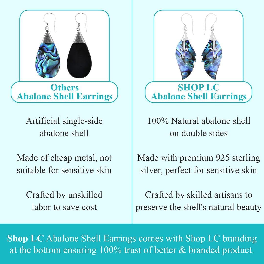 Abalone Shell Peacock Earrings Women's in 925 Sterling Silver - Beach Boho Unique Costume Jewelry Anniversary Birthday Christmas Gifts