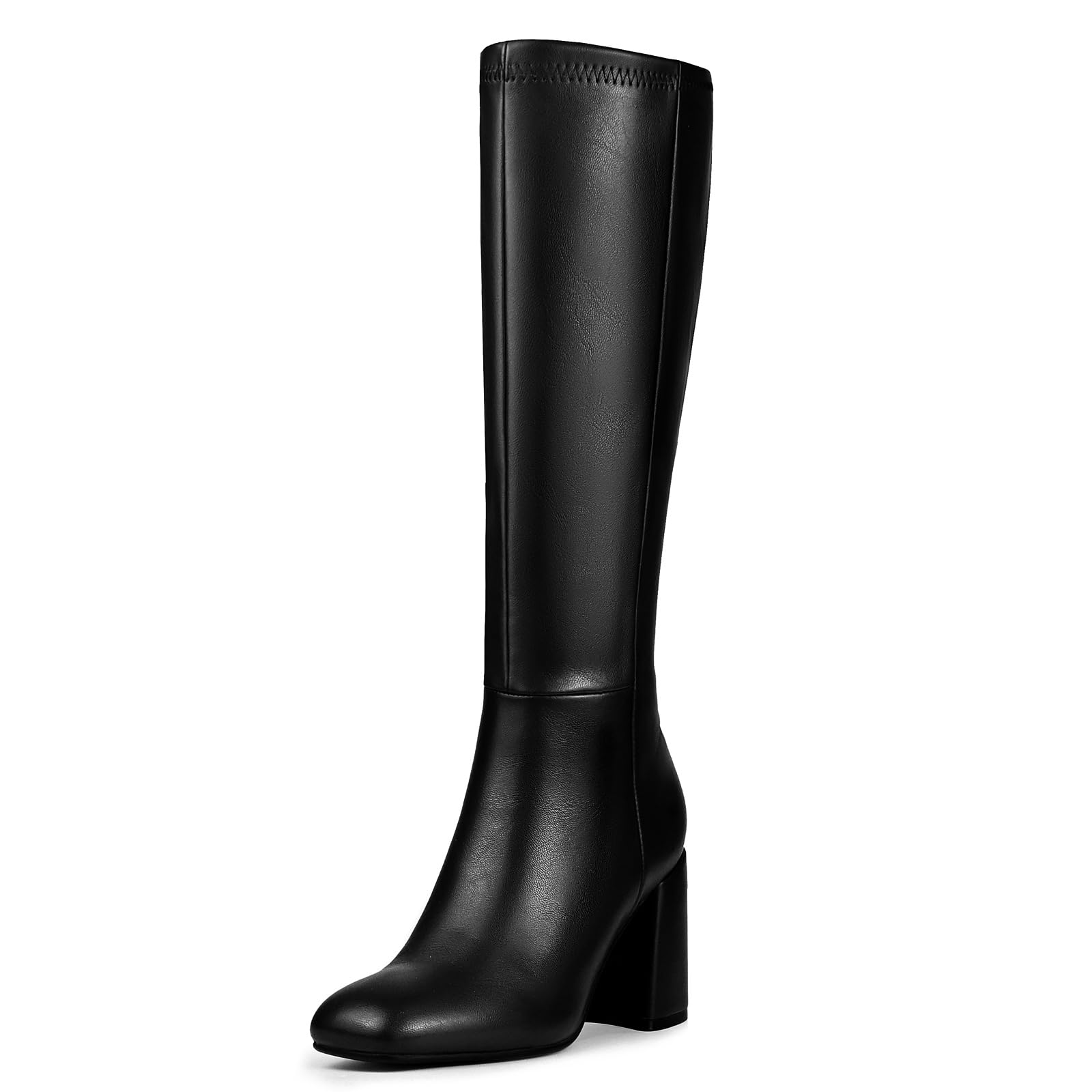 Women's Knee High Boots Faux Leather Square To Tall Boots Fashion Chunky Block Heel Long Boots with Side Zip