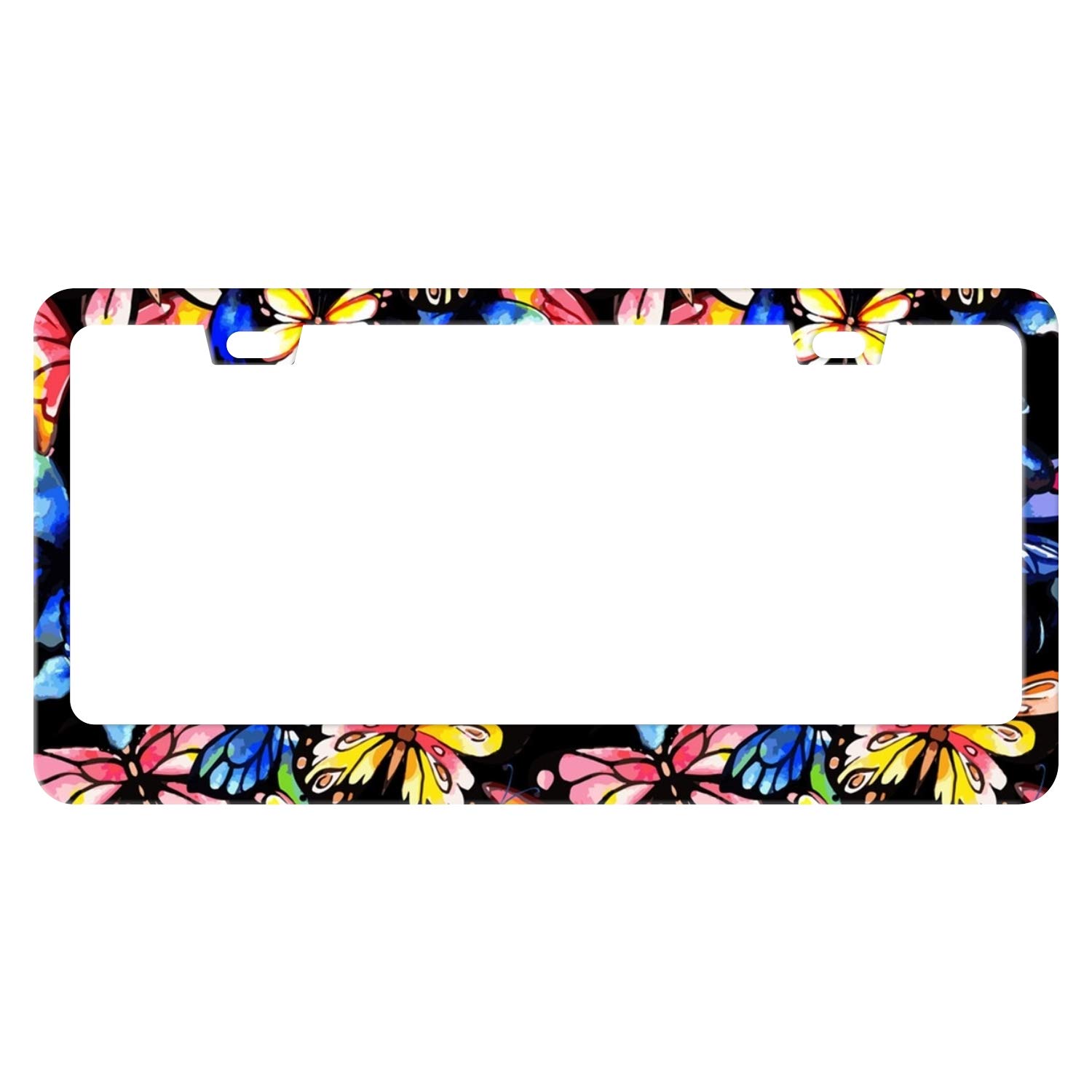 Colorful Watercolor Butterfly License Plate Frame with Screw Caps, Aluminum Beautiful Butterflies License Plate Frames 2 Holes Novelty Car License Plate Covers Holders for US Vehicles