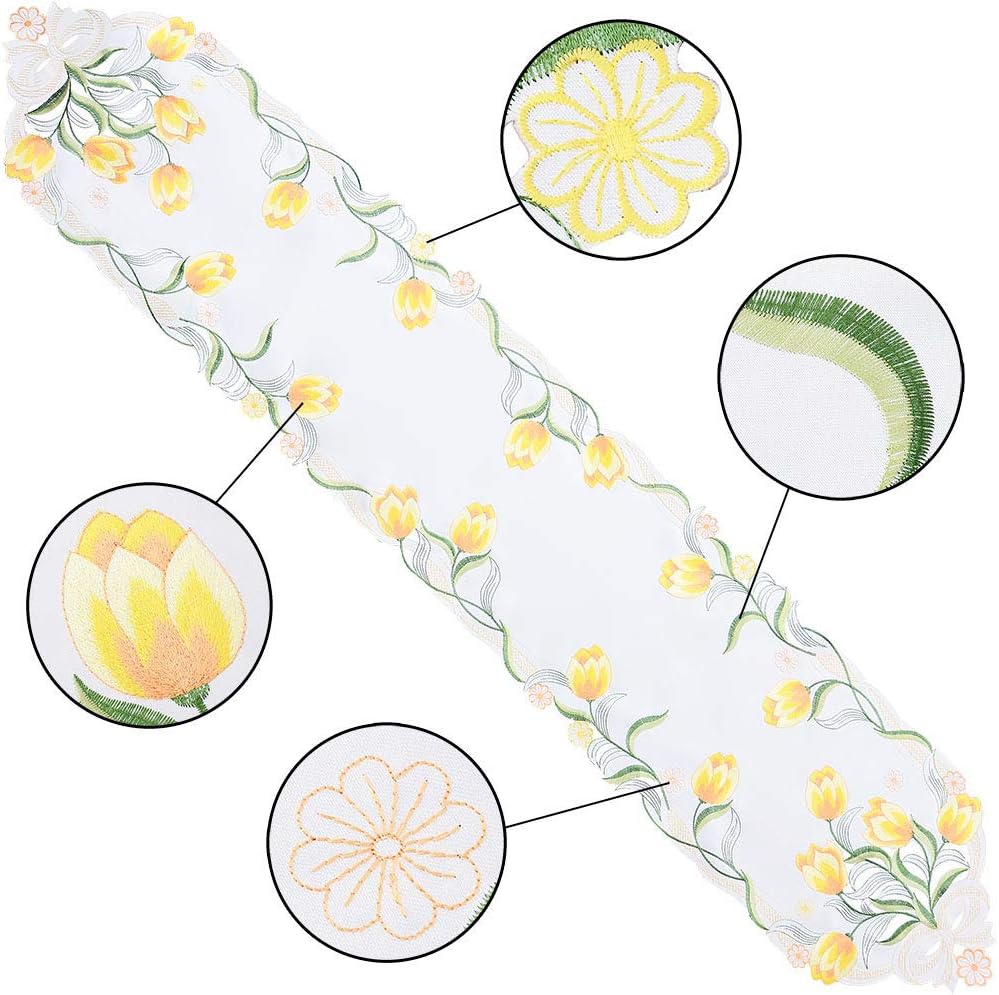 Simhomsen Embroidered Tulip Table Runners, Spring Floral Table Linens (Yellow, 13 × 106 Inch)