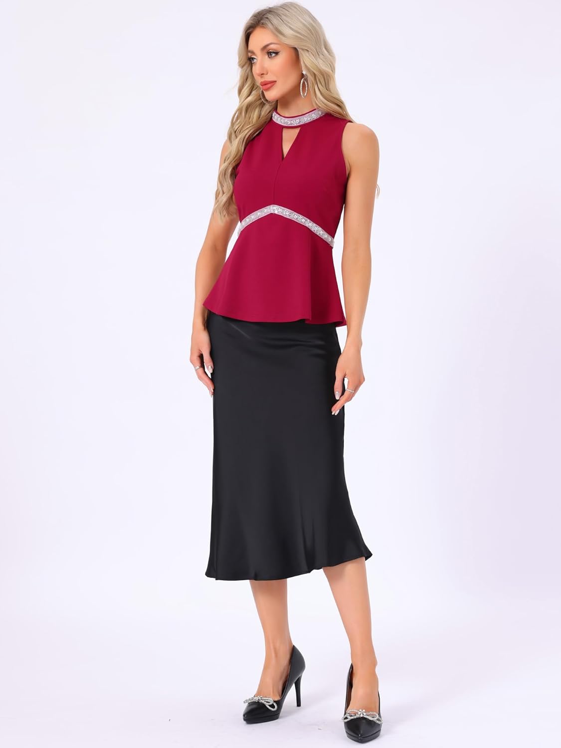 Women's Halter Tops Beaded Cocktail Formal Sleeveless Sparkle Rhinestone Peplum Blouse - Image 3