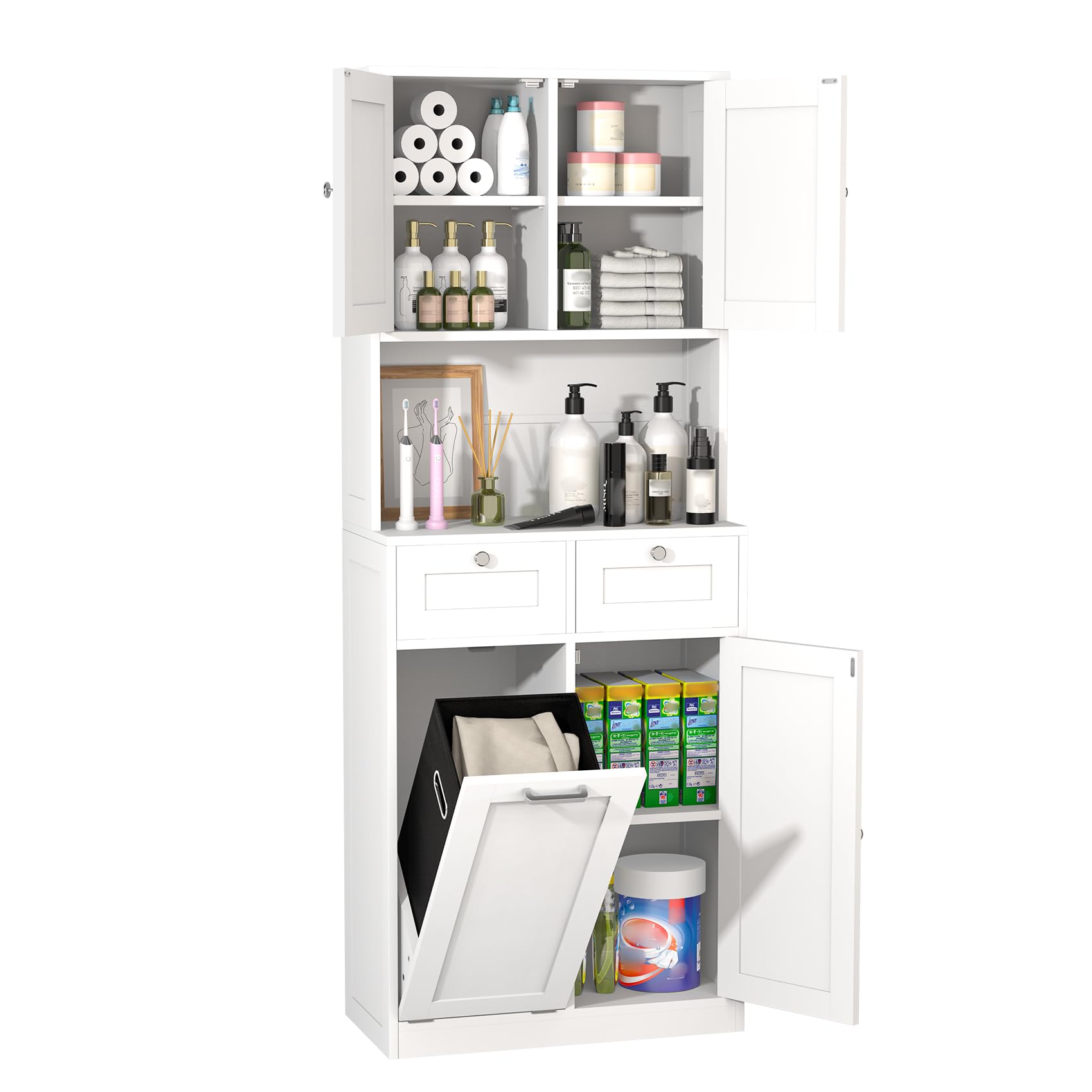 GoaHi Tall Bathroom Cabinet with 4 Doors, Slim Storage Unit with Removable Laundry Basket, Freestanding Floor Cabinet, 2 Adjustable Shelves, 2 Drawers, Modern Farmhouse, White