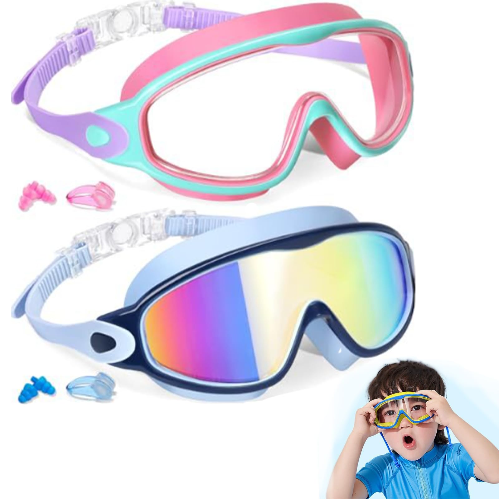 NNBWLMAEE My Cool Summer Goggles, No Leaking Swim Glasses for Men Women Youth, HD Large Frame Waterproof Anti-Fog Swimming Goggles with Ear Plugs Attached (Children's pink + blue)