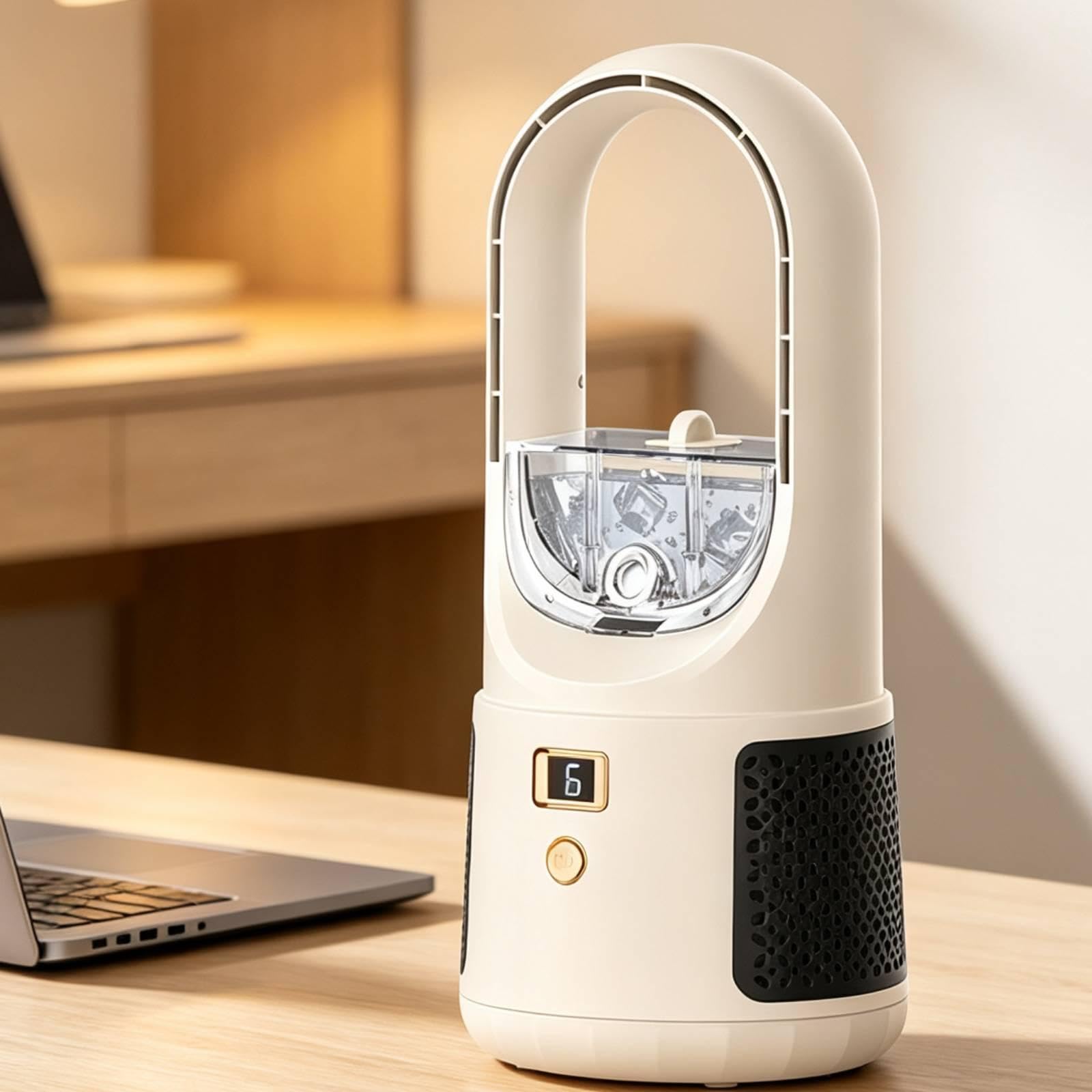 F Fityle Ventilatore da Tavolo con umidificatore, Senza Pale, Ricaricabile Tramite USB, 6 velocità, per Raffreddamento Personale e Portatile, Ideale per la