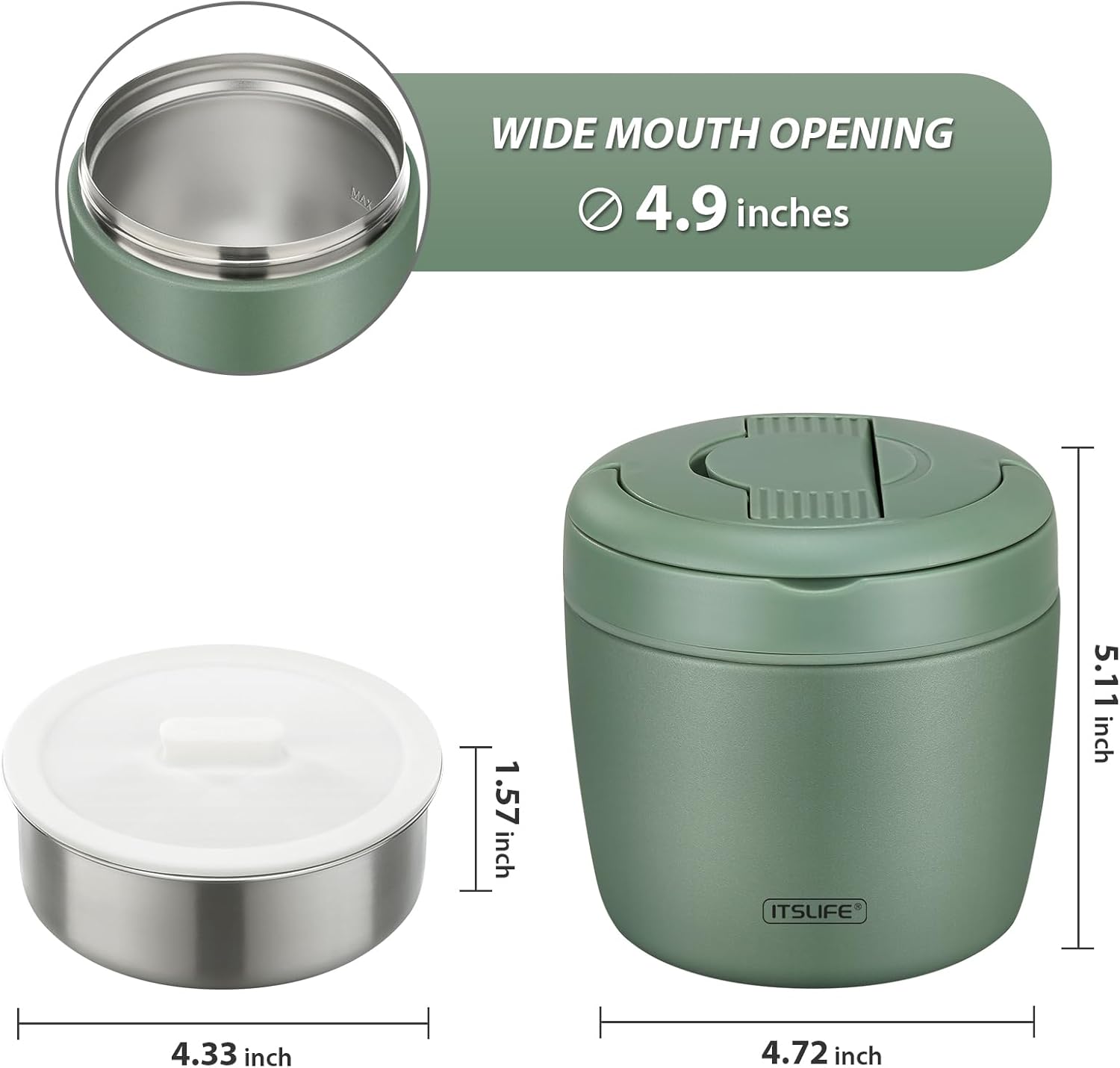 Itslife 32oz Insulated Soup Thermo, Vacuum Stainless Steel Food Jar for Hot & Cold Food, Leakproof Wide Mouth Lunch Container with Spoon, Green