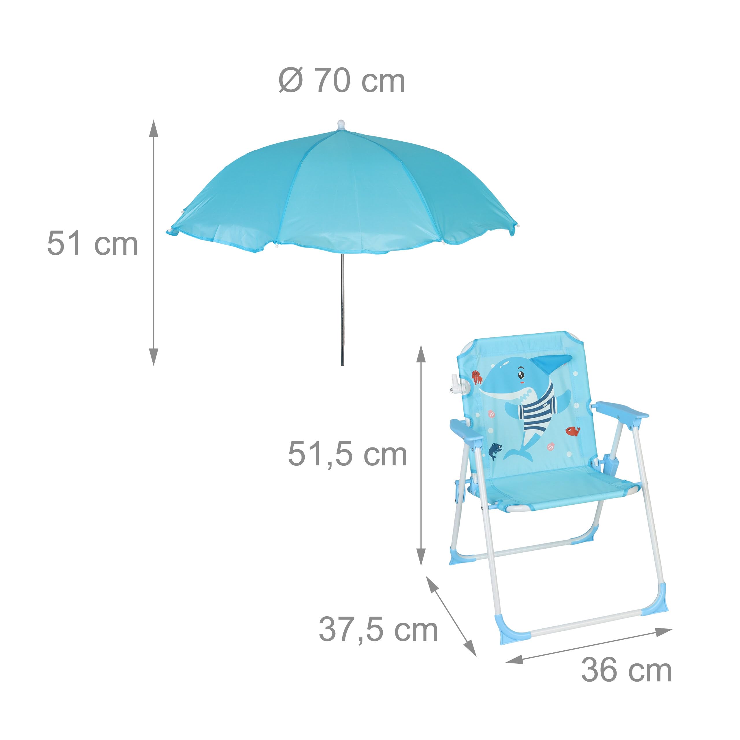 Relaxdays Silla Plegable Infantil con sombrilla, Motivo tiburón, 51,5x36x37,5 cm, Colorida para Exterior