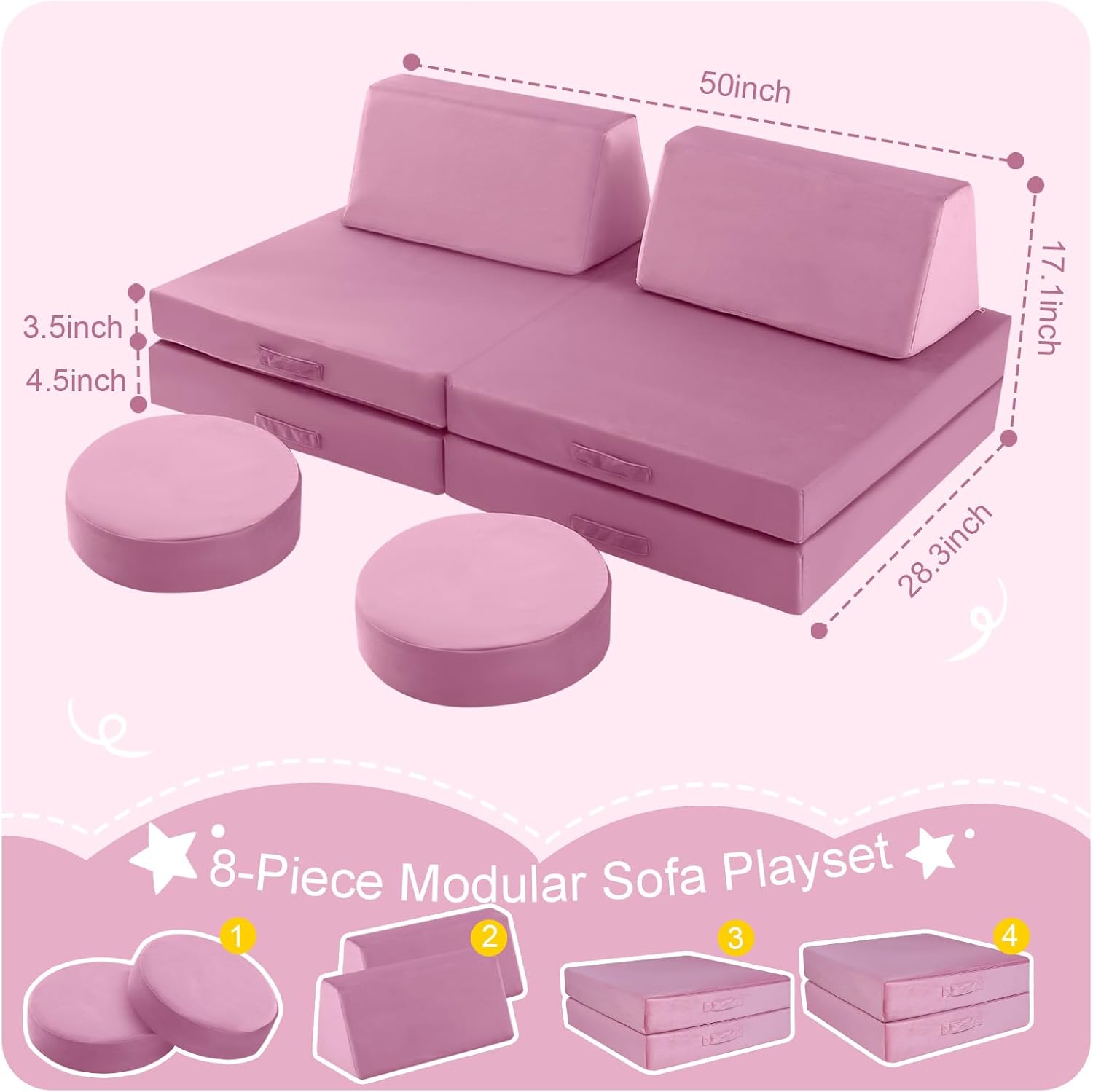 memorecool 8-piece kids modular play couch – convertible foam sofa & building fort set, soft plush washable toddler furniture for playroom, creativity & active play, dusty rose pink dusty rose solid plush