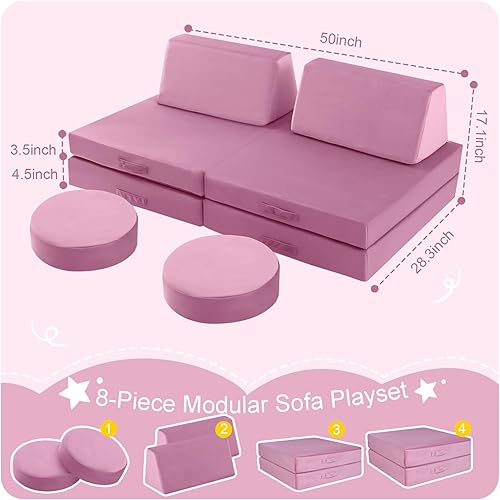 Miniatura 2 de MeMoreCool 8-Piece Kids Modular Play Couch – Convertible Foam Sofa & Building Fort Set, Soft Plush Washable Toddler Furniture for Playroom, Rosa