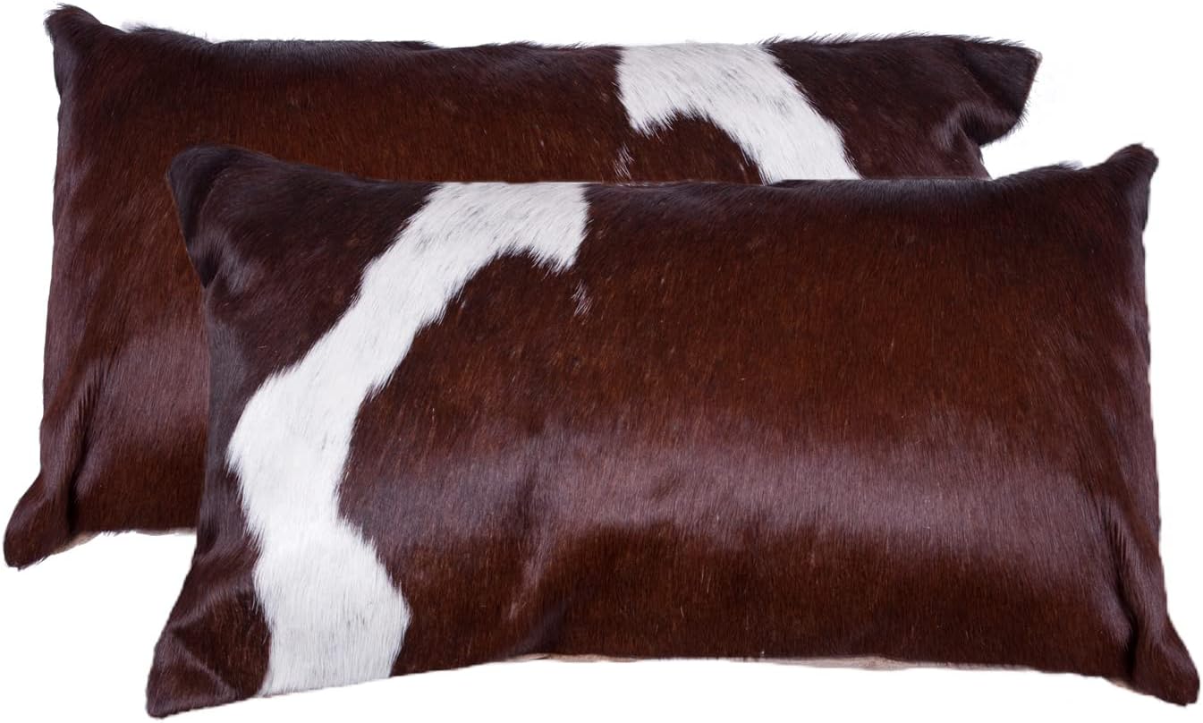 Set of 2, Natural Torino Cowhide Throw Pillows with Poly Insert | Kobe Accent Pillows Handcrafted from 100% Cow Hide, Choco & White, 12 in x 20 in