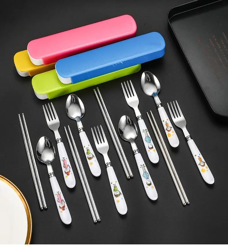 Image of Portable Kids Spoon Fork Set 1 - 4pcs Bpa Free Stainless Steel Cutlery Set with Cute Handles -Ideal for Lunchbox & School, Travel Box-Ideal Gift for Students- Multicolor
