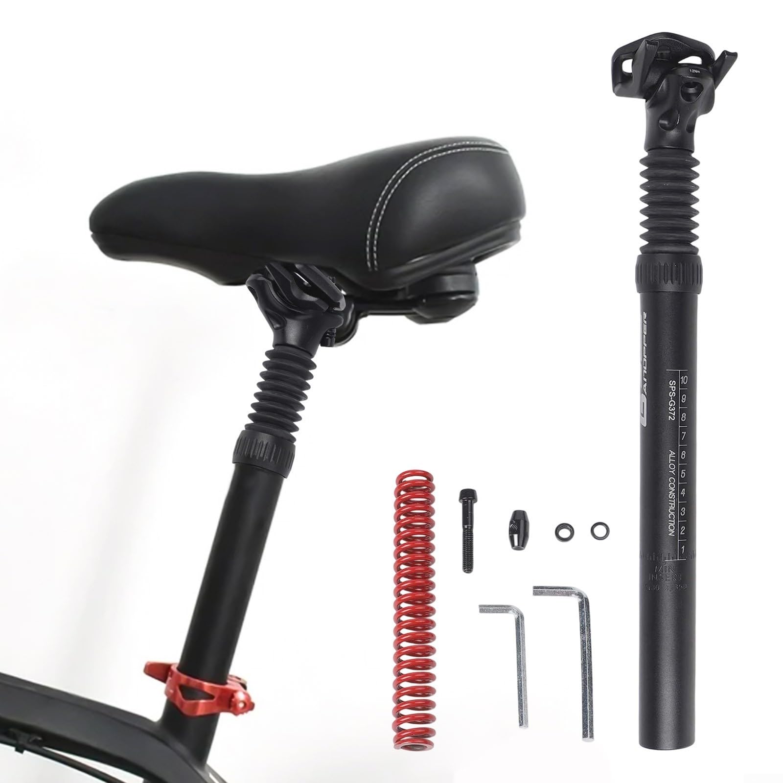 Aluminum Alloy Bike Seatpost with Adjustable Suspension Shock Absorber, 350mm Length, Fits 25.4-34.9mm Diameters(33.9mm by shim)