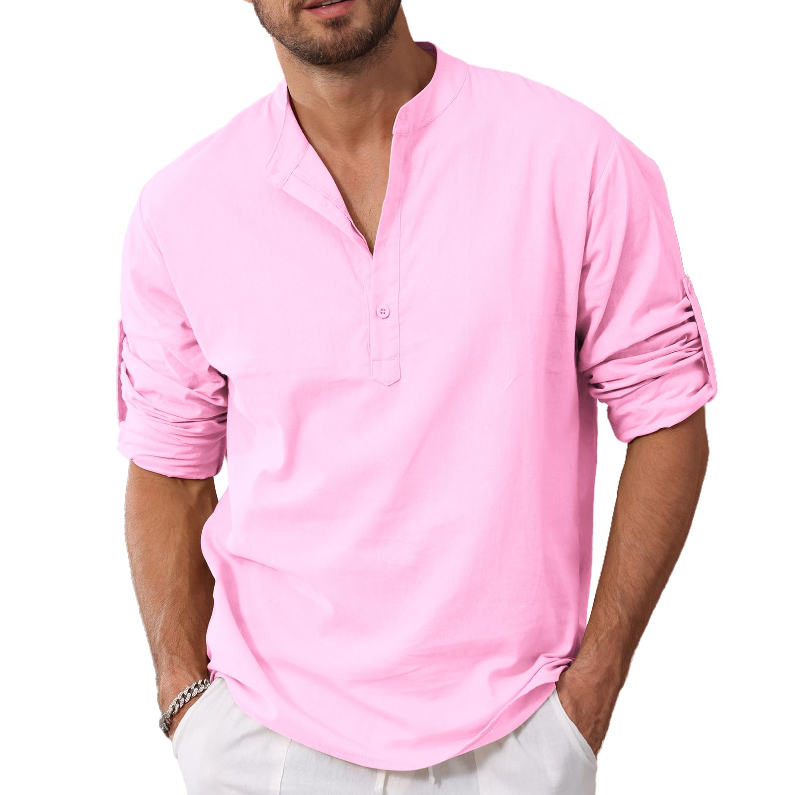Remxi Camisa de lino para hombre, de verano, sencilla, de algodón, con botones, manga corta