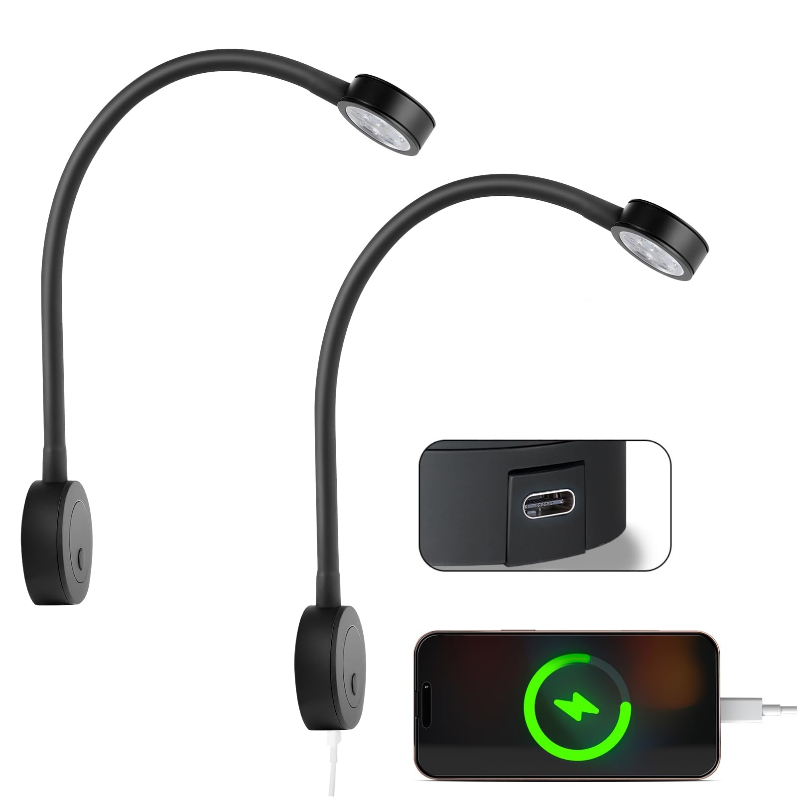 acegoo Leselampe 12V LED Dimmbar Bett Lampe, Flexible Wandmontage Schwanenhals Nachttisch DC 12-24V 3200K mit Dimmerschalter & Type-C-Ladegerät, für Boot Wohnmobil Auto Camper Van Yacht (2 pcs)