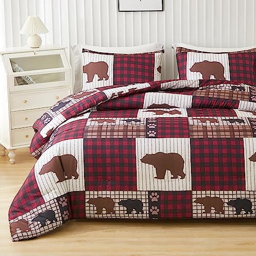 Andency Plaid Patchwork Bear Comforter Set Full (79X90Inch), 3 Pieces(1 Red Black Comforter And 2 Pillowcases) Bear Paw Comforter, Soft Lightweight Microfiber Rustic Lodge Bedding Comforter Set #TOP11