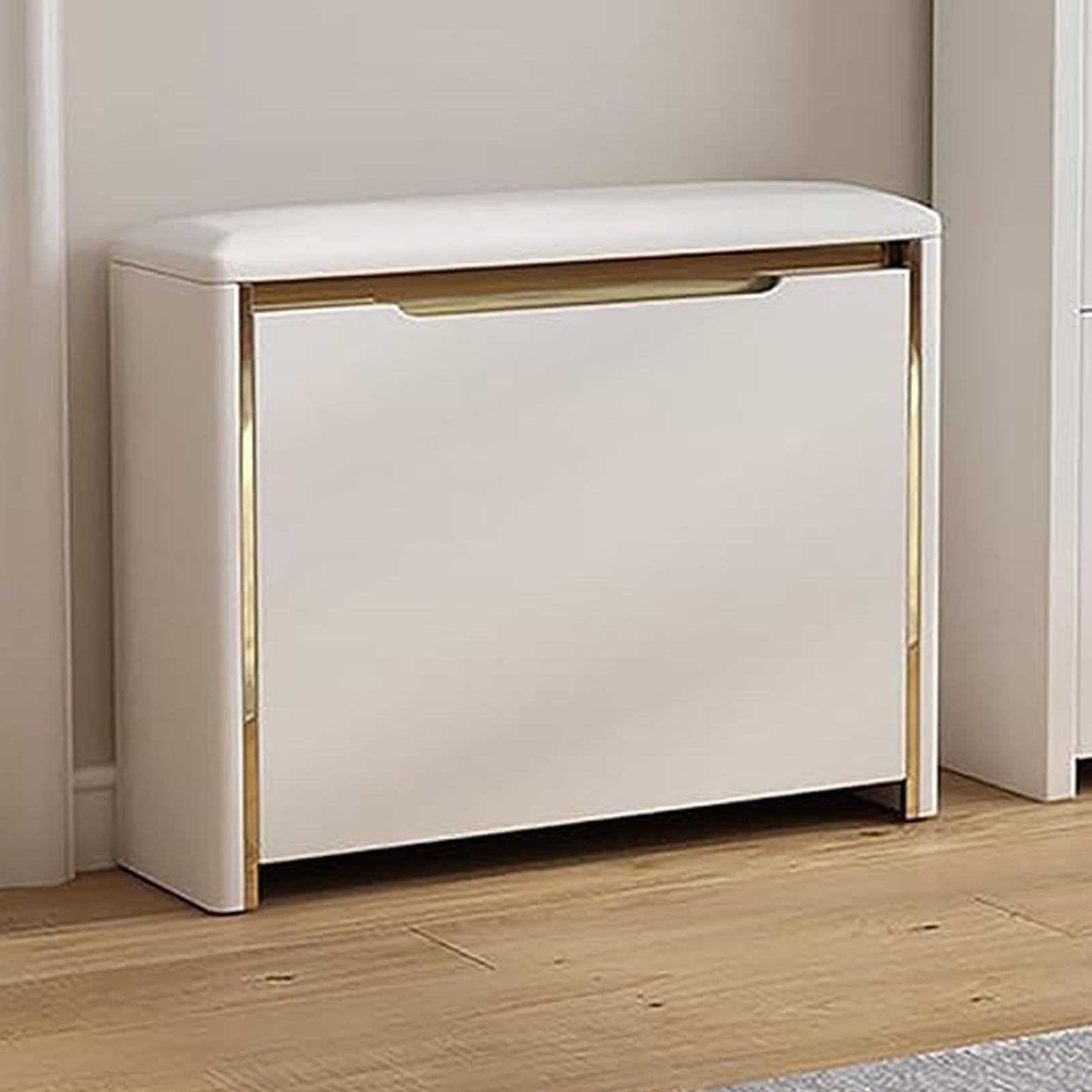 MSHGSKU Space Saving Shoe Rack with Padded Bench Wooden Shoe Storage Cabinet for Entryway & Hallway Flip Drawer nizer No Installation Needed (White 80x17cm)