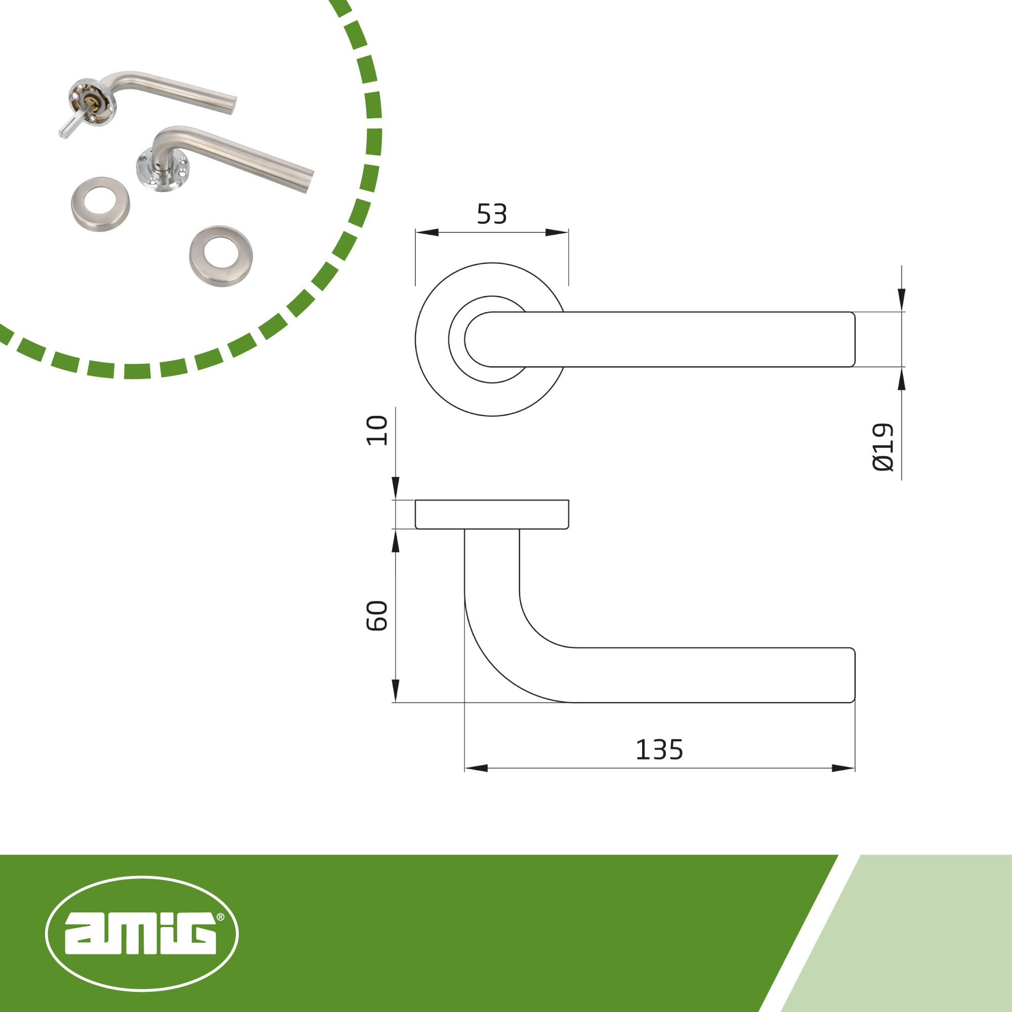 Amig - Zestaw klamek do drzwi z rozetą | Mod. 4E | stal nierdzewna 18/8 | Ø 53 mm | kwadrat 8 mm | srebrny