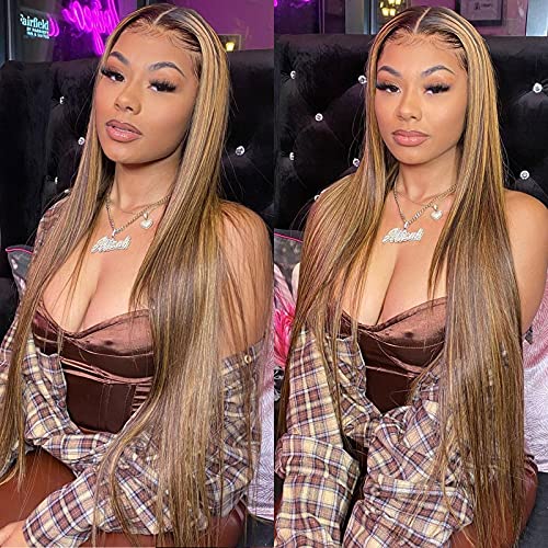 Ombre Lace Front Wigs Human Hair Highlight Straight Transparent 150% Density 13x1 Middle Part Lace Frontal Wigs for Black Women 4/27（26inch ）