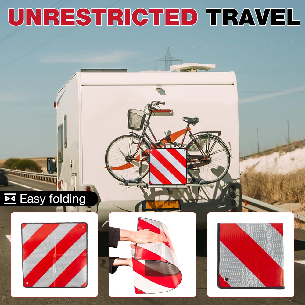 Panneau d'Avertissement Réfléchissant, 2 en 1 Panneau Avertissement Porte-Vélos 50x50cm Italie et Espagne avec 4 Nœuds de Corde pour Porte-vélos, Remorque Arrière, Voiture, Camping-car