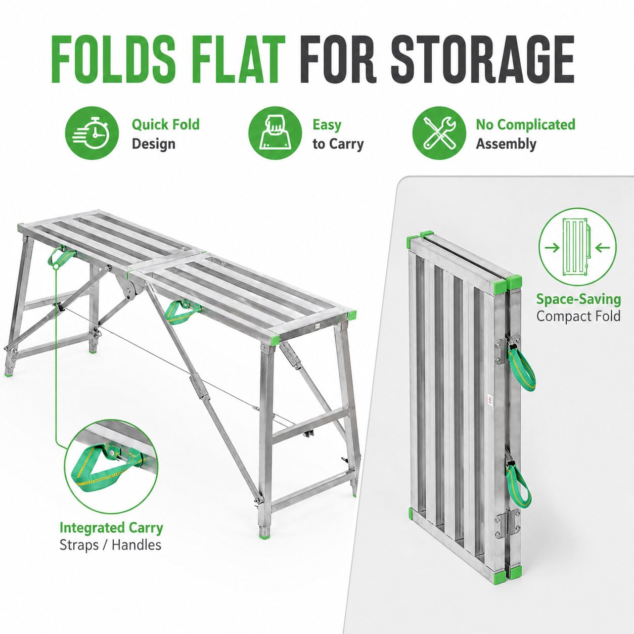 Plataforma de Trabajo Plegable y Ajustable en Altura, Andamio Portátil de Acero Galvanizado con Pies Antideslizantes, Cables de Refuerzo y Asa, Aprox. 400 kg,140x30cm