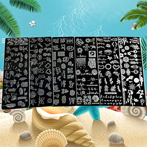 6 Pcs Nail Stamping Plates， With 1 Nail Stamper 1 Scraper Nail Stamp Template Chrysanthemum Coconut Tree Leaf Nail Art Templates Nail Stamper Stencil Plates Set Manicure Nail Supplies #TOP7