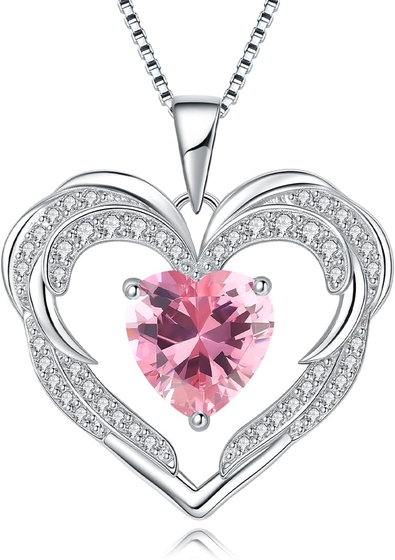 Heart Necklaces Valentine's Gift for Women, Birthstone 925 Sterling Silver Angel Wings Love Pendant Necklaces for Women, Jewelry Gifts for Wife, Anniversary, Mother's day