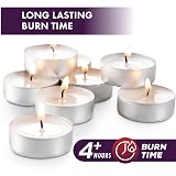 MontoPack Velas de té sin perfume 100 unidades | 4 horas, blancas, sin humo, anti goteo, pequeñas velas votivas de parafina | Velas larga duración para el hogar, Shabat, bodas, eventos, emergencias |