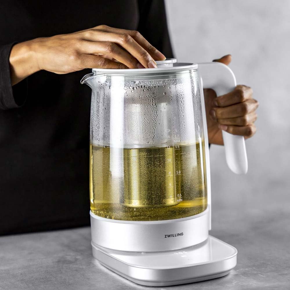 ZWILLING ENFINIGY Hervidor de vidrio con colador de té, Ajuste de temperatura y temporizador de té, 1850 W, 1,7 l, Blanco