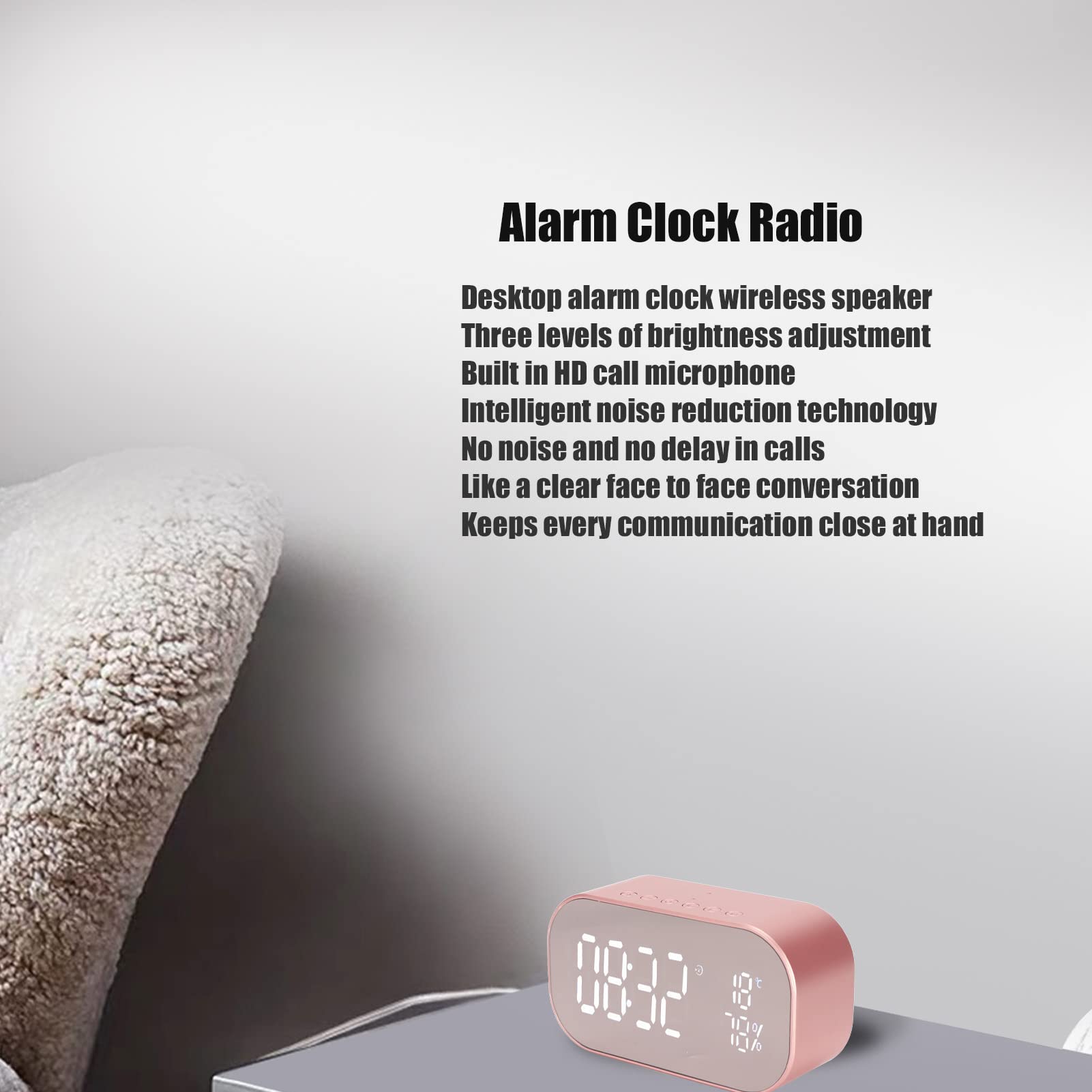 Bewinner Radio Despertador, Multifunción FM Radio Digital Despertador con Altavoz Bluetooth, Reducción de Ruido Despertador de Escritorio con Micrófono de Llamada HD(Oro Rosa)