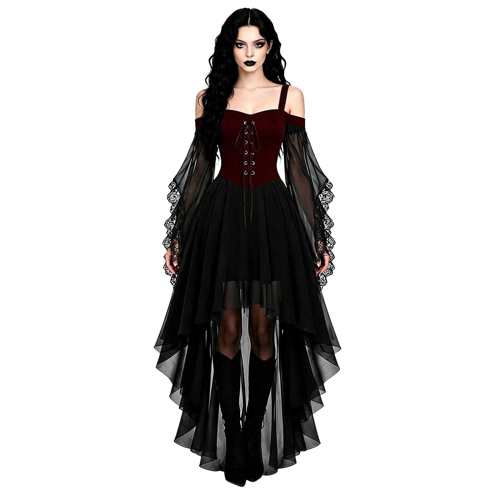 Halloween Costumes for Women Gothic Dress Vintage Steampunk Lace Up Corset Medieval Renaissance Dress Batwing Sleeve Fancy Victorian Witch Costume Elegant Cocktail Boho A-line Chiffon Maxi Dresses