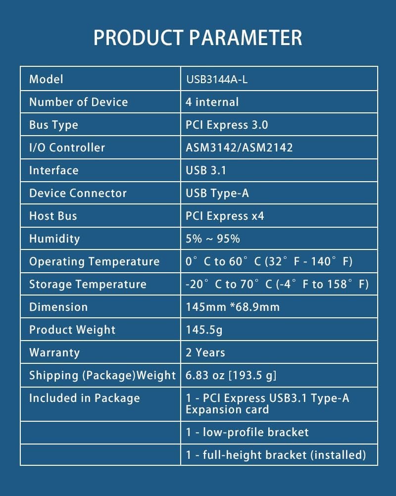 PCIe 3.0 x4 USB 3.1 Expansion Card, 4 Type-A Ports, 10Gb/s Transfer Speed, ASMedia 3142 Chipset