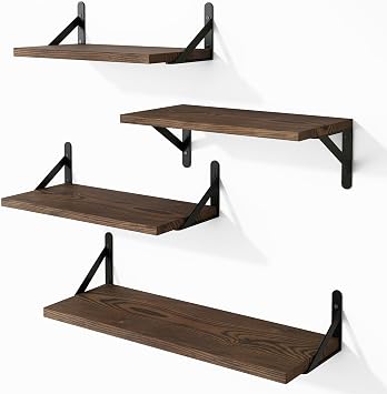 YGEOMER 4 Different Sizes Floating Shelves for Wall, Dark Carbonized Pine