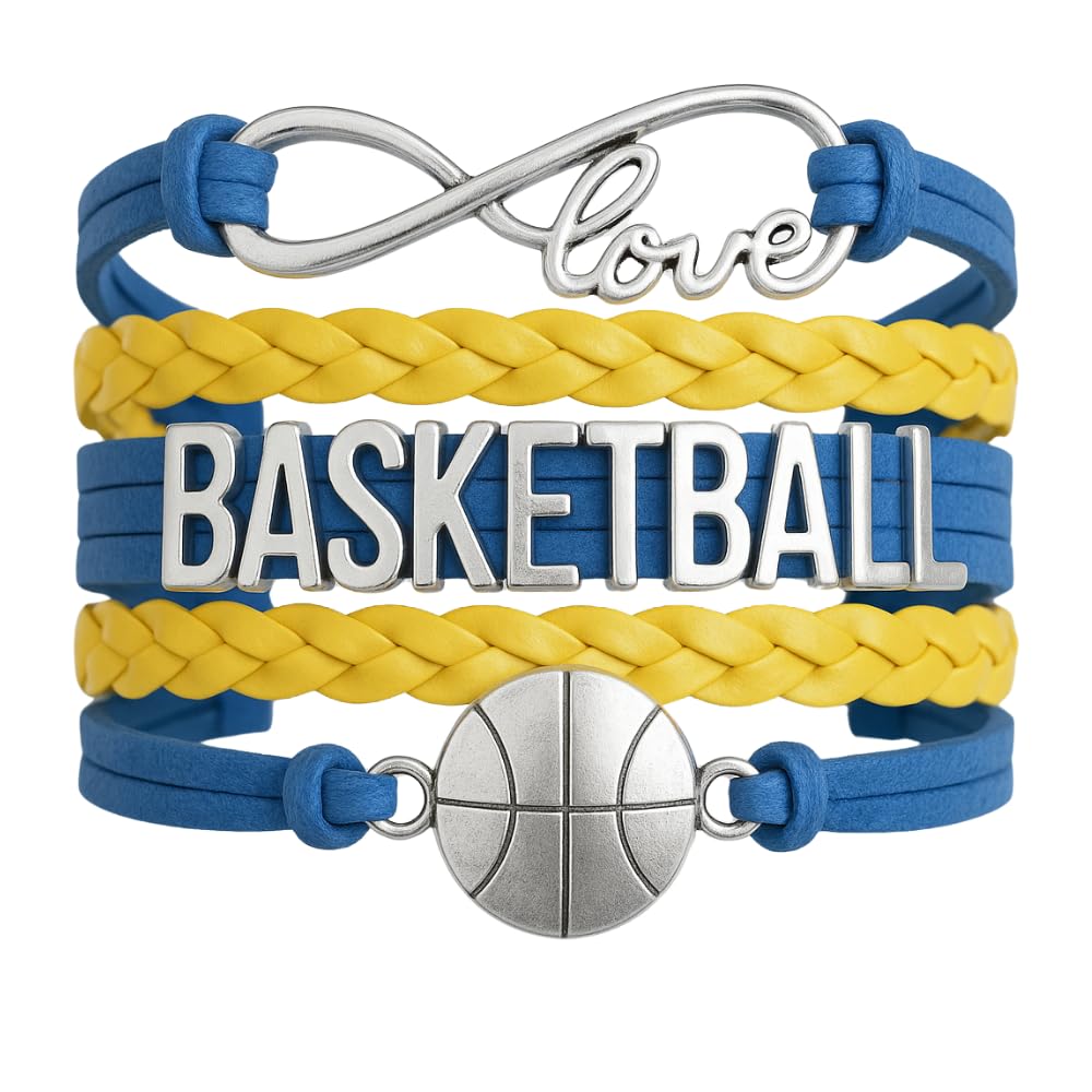 Infinity Collection - Adjustable Basketball & Infinity Charm Bracelet (Blue & Yellow) - Gift for Coach, Team and Players - Fits Small to Large Wrists