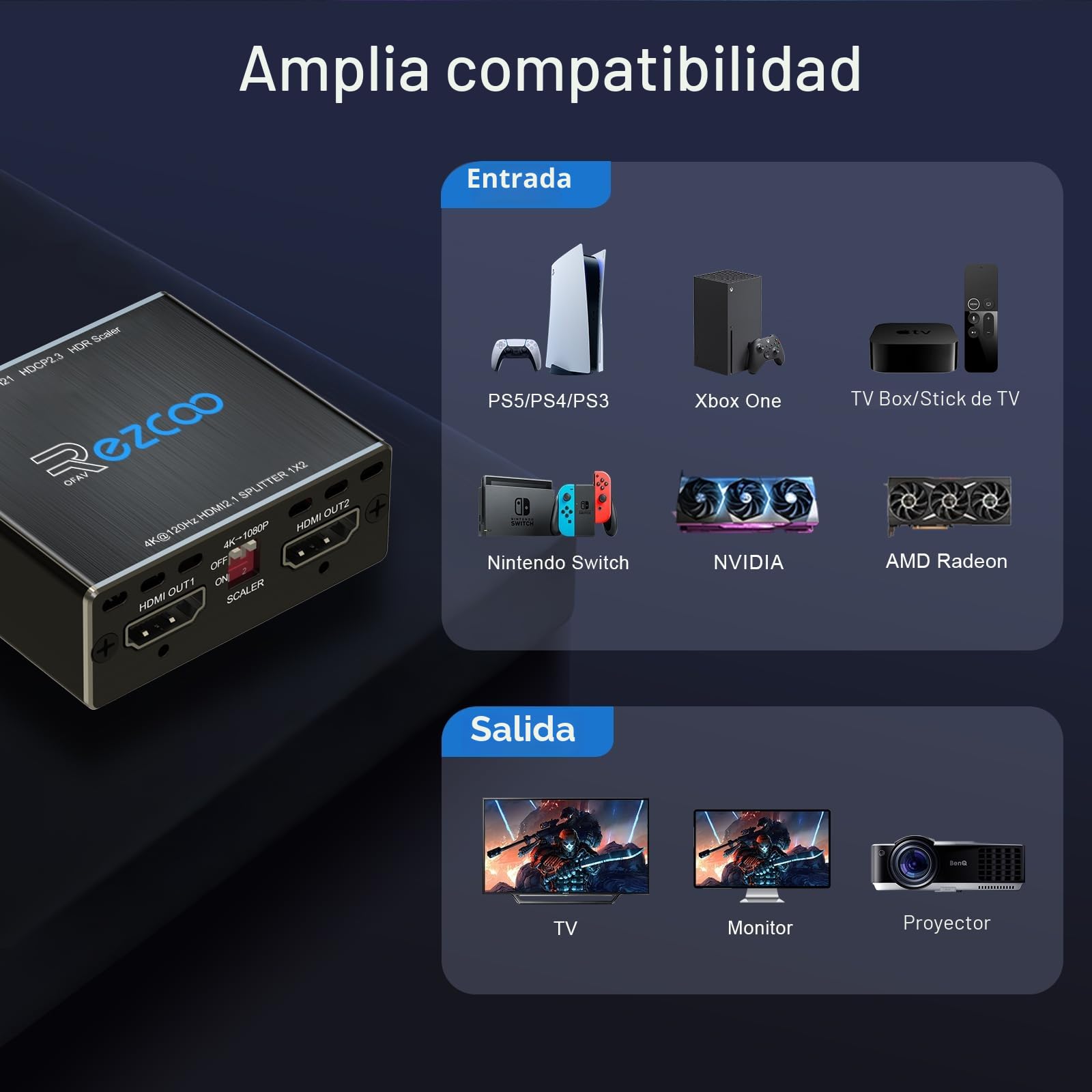 4K 120Hz HDMI 2.1 Splitter 8K 60Hz 1 entrada 2 salidas VRR ALLM HDCP2.3 HDR10 8KUHD Dolby Vision Atmos Scaler 4K EDID 1080P Dual Monitors Divisor HDMI 2.1 1X2 para PS5 SkyQ Xbox NVIDIA AMD