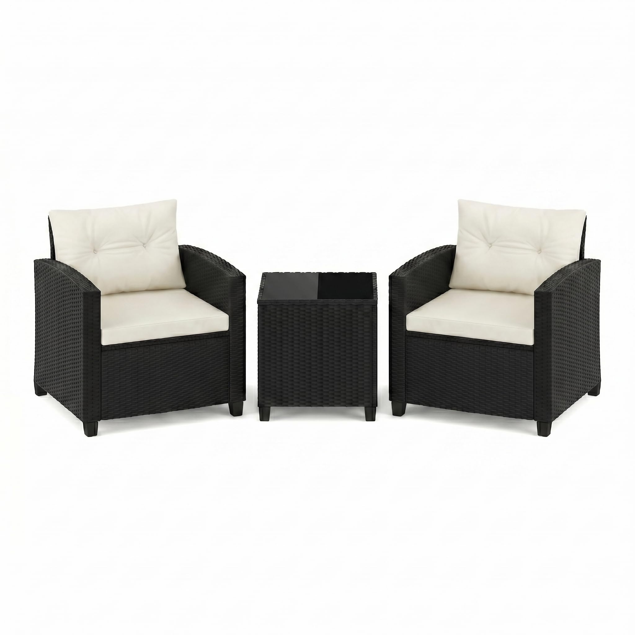 Minifactory 3-Piece Rattan Garden Furniture Set, Outdoor Bistro Set with 2 Armchairs & Side Table, PE Rattan Wicker with Cushions, Tempered Glass Top, for Patio, Balcony, Small Garden (Black)