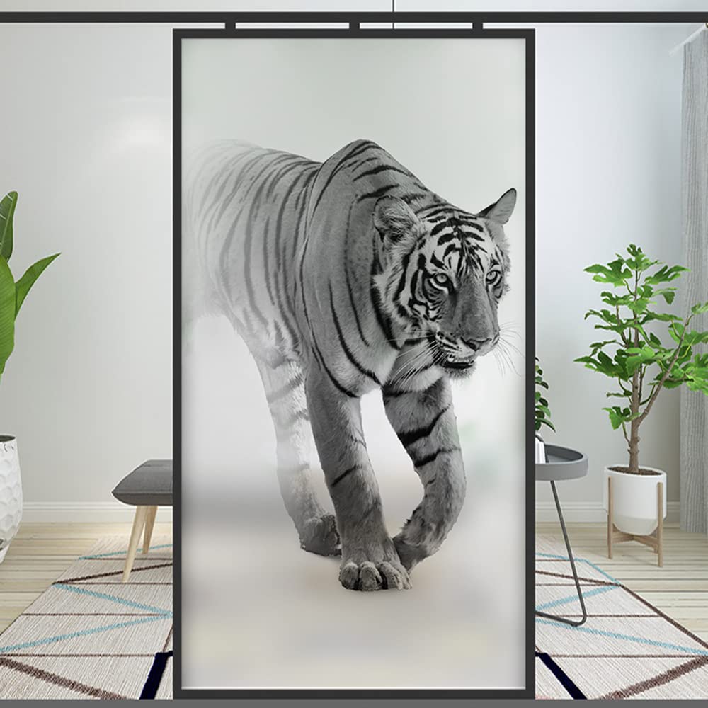 Privacy Window Film Static Cling No Glue Decorative Lion Window Treatments Window Coverings Glass Window Sticker for Home (60x180cm WxH,Tiger)