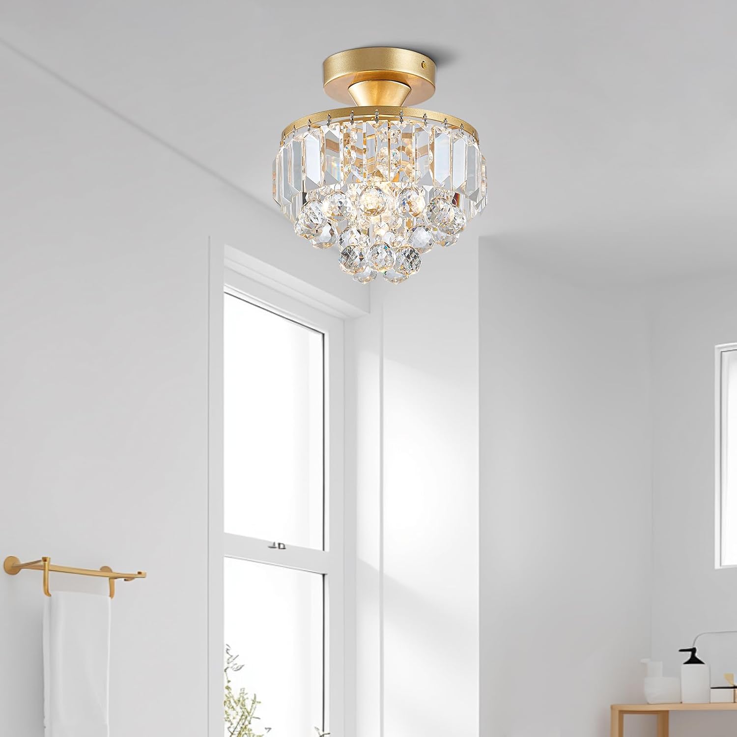 Bestier Modern Gold Crystal Semi-Flushmount Chandelier Lighting LED Ceiling Light Fixture Lamp for Dining Room Bathroom Bedroom Livingroom Diameter 9" Height 10"