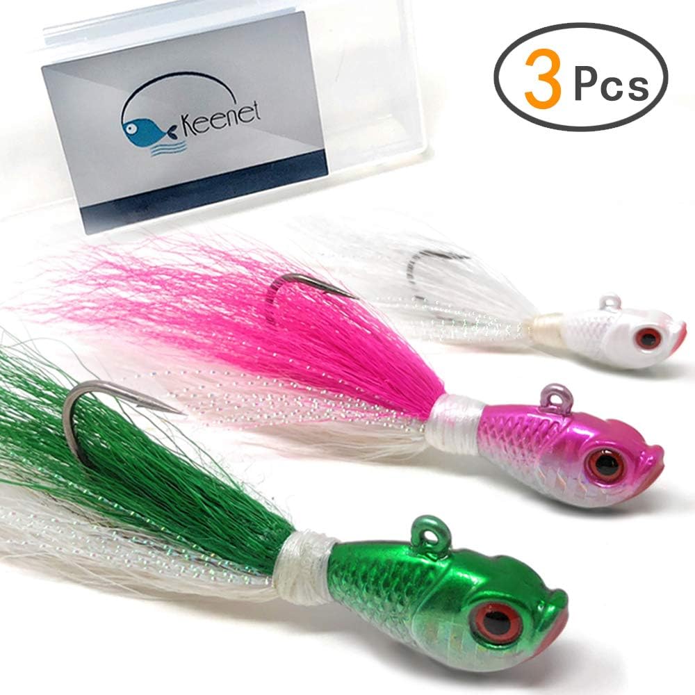 KEENET 3PCS Luminous Bucktail Jig Fishing Lures Baits 3D Eyes Saltwater Freshwater 1 Ounce