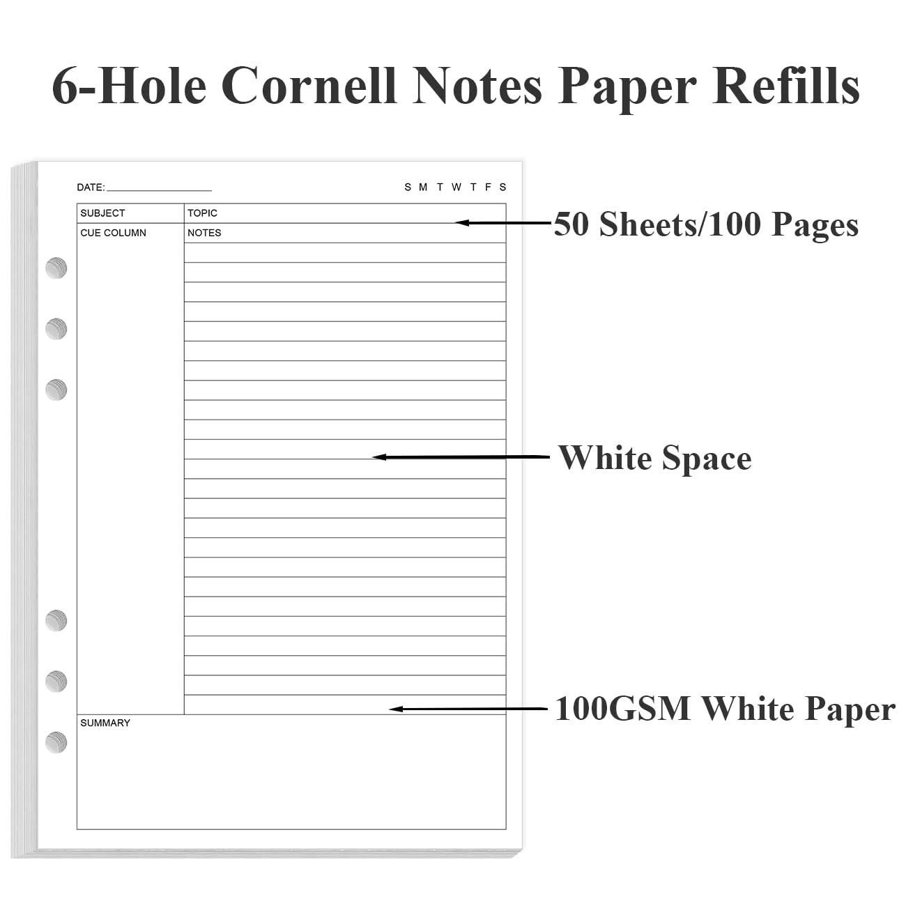 Cornell Notes - Papel de relleno para carpeta A5, 6 agujeros, hojas sueltas, 50 hojas/100 páginas, 100 g/m², blanco, 5.8 x 8.5 pulgadas