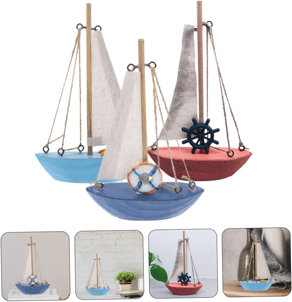 Uonlytech 3pcs Miniature Sailing Boat Craft Wooden Decor for Beach Room Nautical