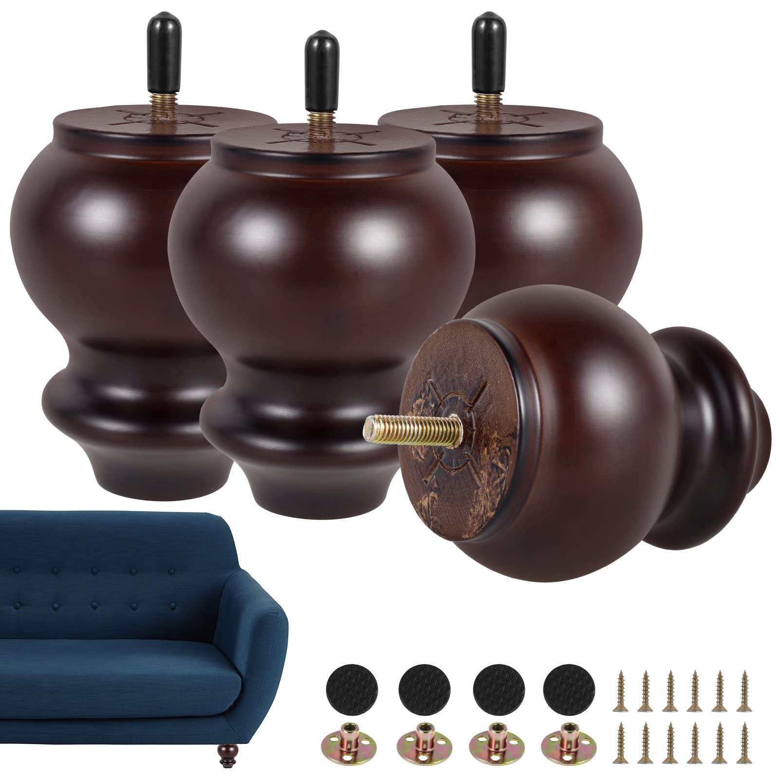 YUNYOUC 4Pcs 10cm Wooden Furniture Legs, Chair Sofa Replacement Legs, Gourd Shape Solid Wood Furniture Feet with Non-slip Felt Sticker for Table Cabinet Cupboard Couch Chair Dresser TV Stand(Brown)