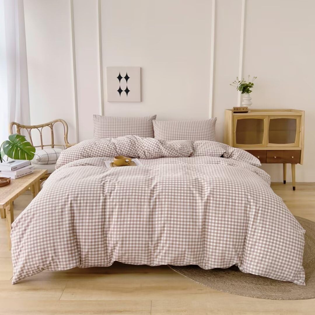 Ruccit Beige Gingham Duvet Cover King Size 100% Washed Cotton Tan Plaid Grid Duvet Cover Set King Checkered Pattern 3PCS Quilt Cover Bedding Set including Zipper Closure Corner Ties,Soft,Breathable