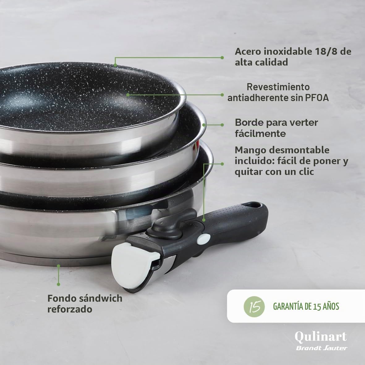 Qulinart by Brandt - Batería de cocina para inducción (10 piezas, 3 sartenes, 3 estufas y 3 tapas, coladores con asa extraíble, acero inoxidable, lote para todo fuego, color plateado