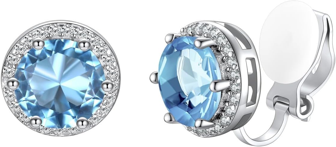 Silvora 925 Silver 8MM Cubic Zirconia Birthstone Clip On Stud Earrings Round Non Pierced Earrings For Women,Come with Box