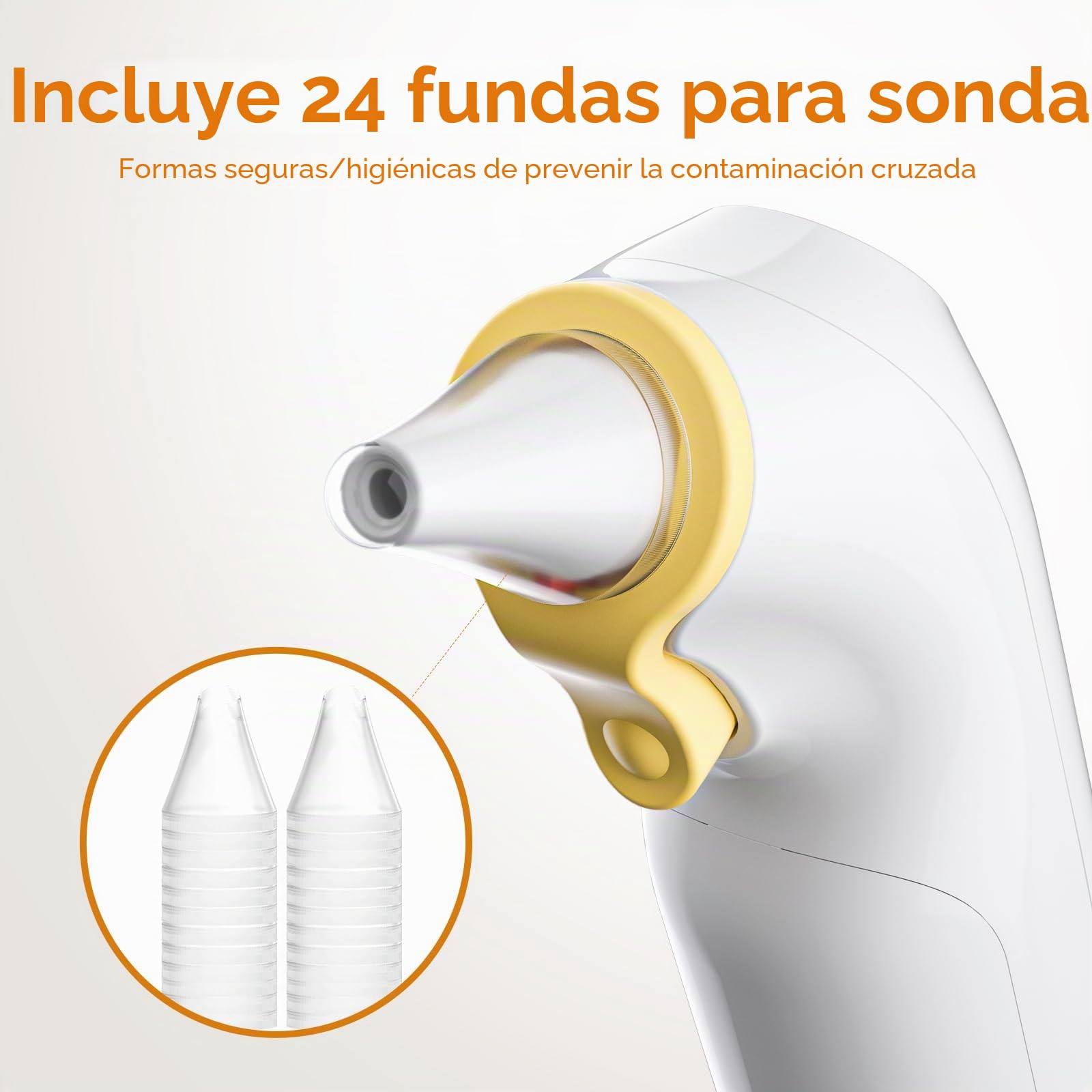 Termómetro de oído, termómetro digital infrarrojo para bebé y adulto, con 24 tapas protectoras desechables (amarillo)