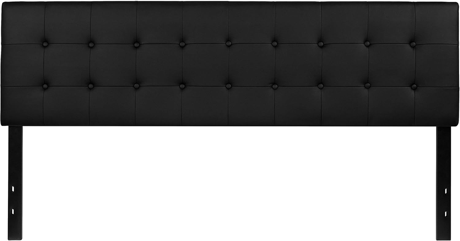 Pemberly Row Modern Upholstered King Panel Headboard, Black Vinyl Finish, 79 in Wide, Button Tufted with Box Stitching, Adjustable Metal Bed Rail Slots, Bedroom Furniture